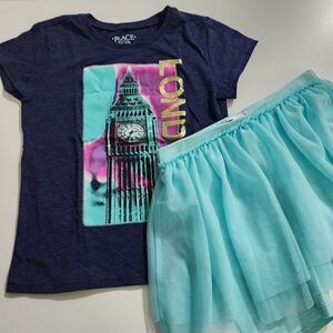 Girls London Big Ben Aqua Outfit Shirt & Tutu Skirt Size 6